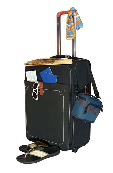 Черный чемодан поездки и аксессуары для отдыха — стоковое фото