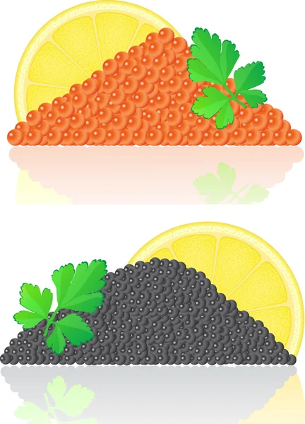 Röd och svart kaviar med citron och persilja — Stock vektor