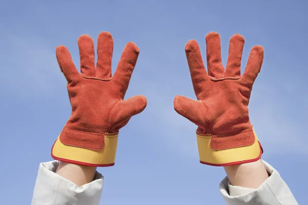 Two working gloves against the blue sky