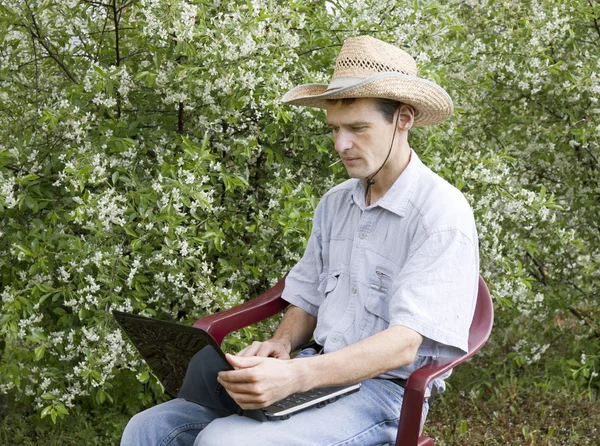 A young man in a cherry garden — Stock Photo, Image
