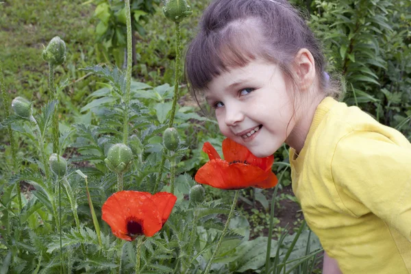 Baby girl and red poppies — Stock Photo, Image