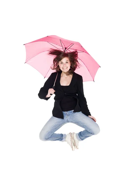 Salto donna con ombrello — Foto Stock