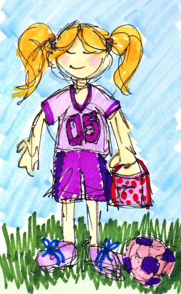 Malá dívka fotbal fotbalista s barvami pro rukopis — Stock fotografie