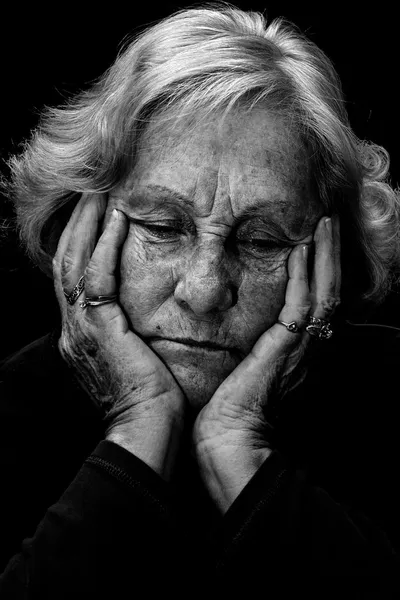 Black and white depressed senior woman — Stock Photo, Image
