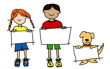 Kids and dog holding empty signs illustration clipart