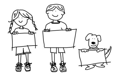 Kids and dog holding empty signs illustration clipart