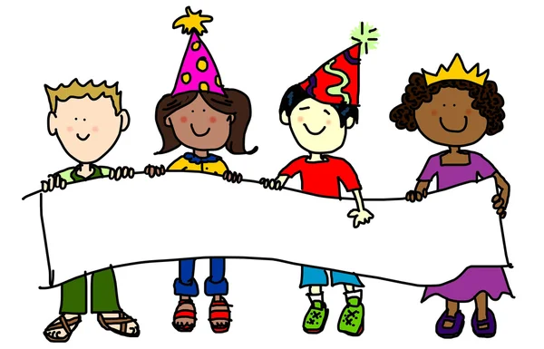 Party hat kids with banner — Stock Photo, Image