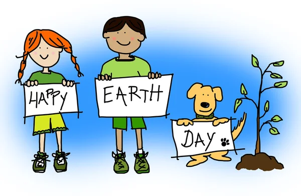 Kids and dog holding Happy Earth Day signs — Zdjęcie stockowe