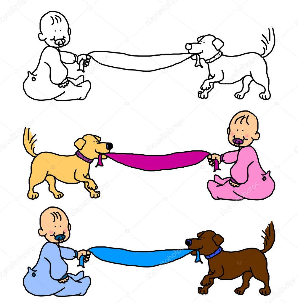 Baby with dog pulling blanket or banner