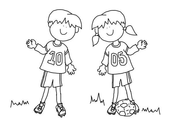 男孩和女孩卡通足球运动员 — 图库照片