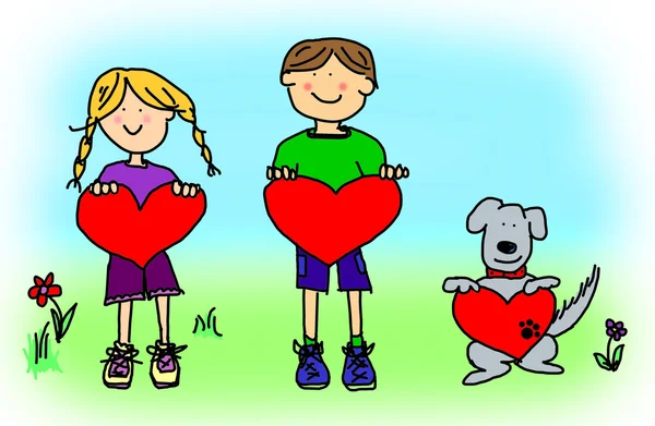 Garçon, fille, et chien dessin animé tenant signe de forme de coeur — Photo