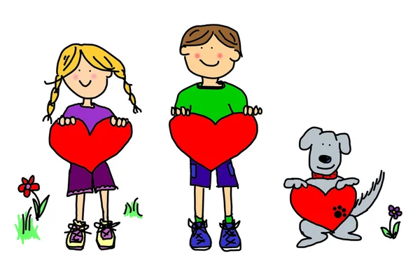 Poika, tyttö, ja koira sarjakuva tilalla sydämen muoto merkki — kuvapankkivalokuva