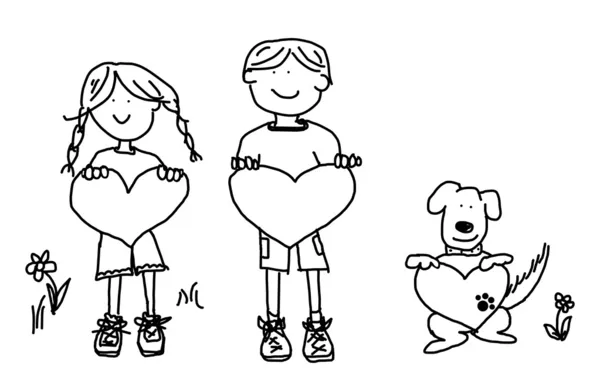 Мультфильм о мальчике, девочке и собаке с табличкой в виде сердца — стоковое фото