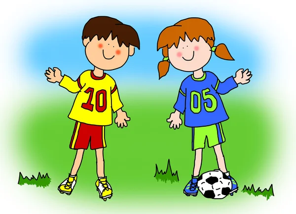 Jongen en meisje cartoon voetballer — Stockfoto