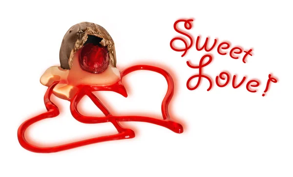 Sladká láska srdce a cherry čokoláda — Stock fotografie