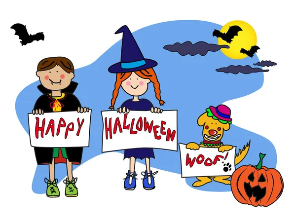 Crianças e cão cartão de Halloween — Fotografia de Stock