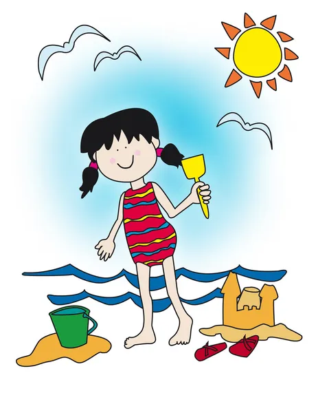 Мультфильм маленькая девочка играет на пляже — стоковое фото