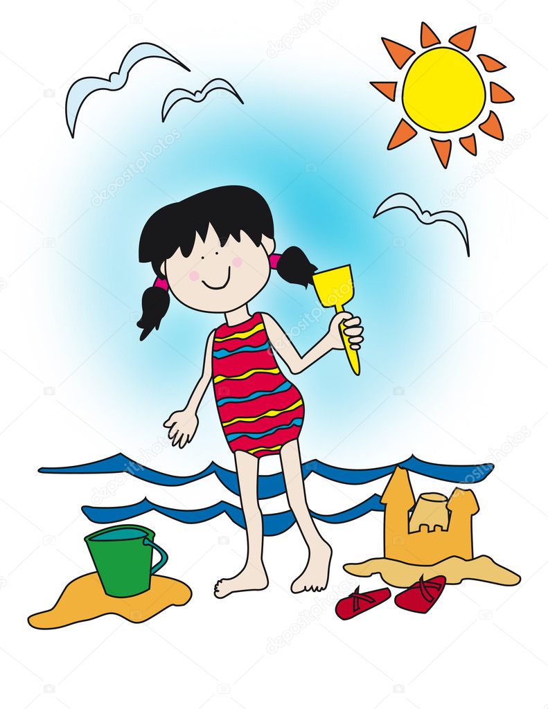 Cartoon little girl playing at the beach