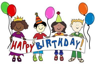 Multicultural kids with Birthday banner clipart