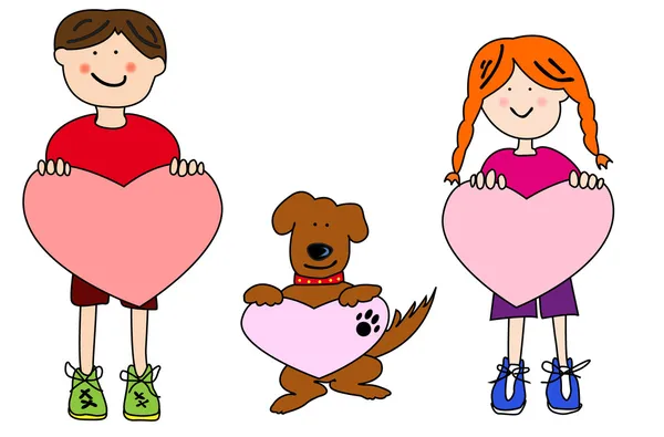 Cartoon kids and dog holding heart shapes — Stock Vector