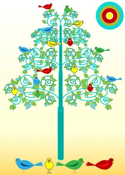 Pájaros en un árbol florece — Vector de stock