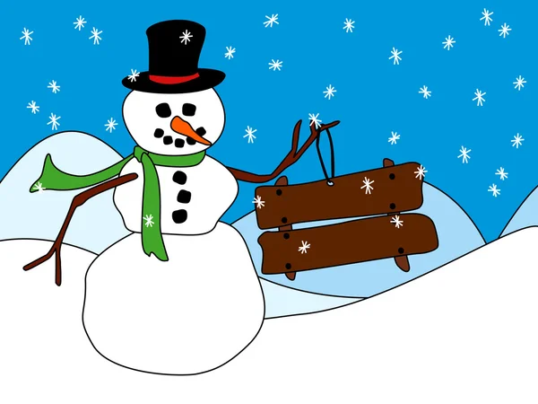 Снеговик с деревянным знаком или плакатом — стоковый вектор