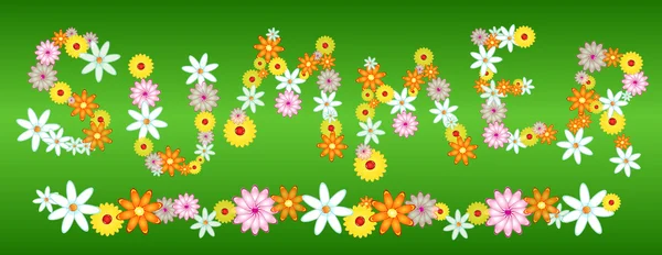 Γυαλιστερό λουλούδι καλοκαίρι γράμματα στο πράσινο — Διανυσματικό Αρχείο