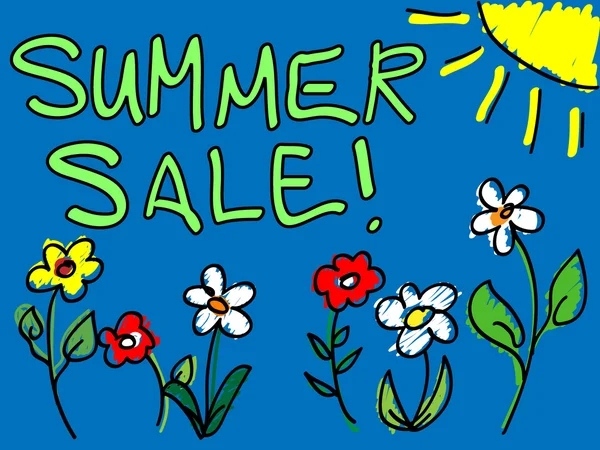 Sommerschlussverkauf mit Sonne und Blumen-Doodle — Stockvektor