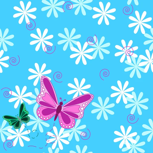Rosa Schmetterling und Blumen nahtlose Muster — Stockvektor
