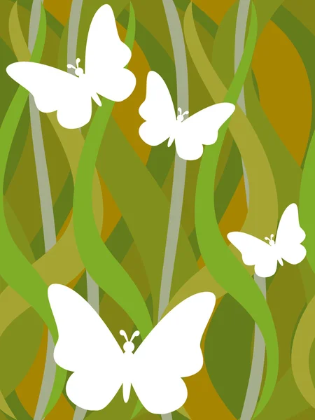 Vlinders op naadloze donker groene golvende patroon — Stockvector