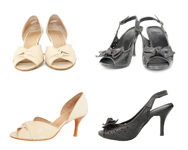 Two pairs of black and beige leather lady shoes — Stock Photo, Image