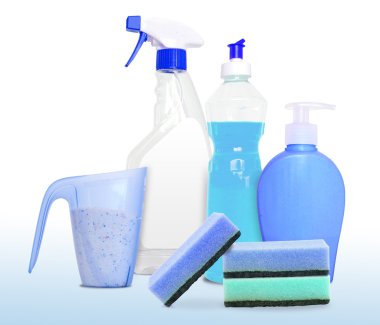 Set of unlabeleled cleaning products in blue clipart