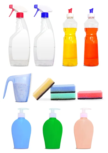 Différents produits de nettoyage colorés non étiquetés — Photo