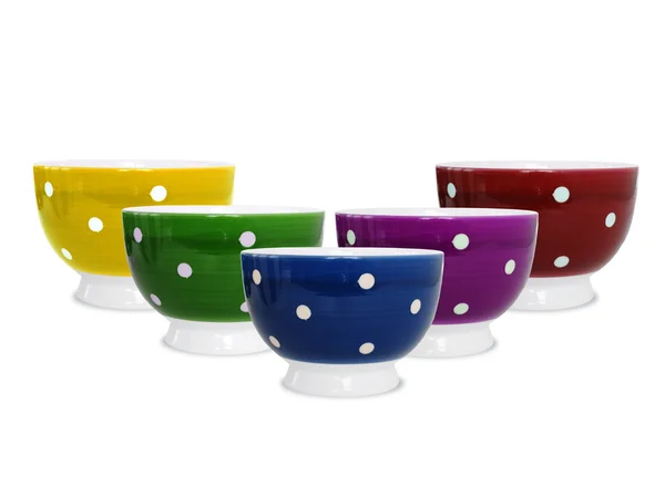 Sex färgglada skålar på vit bakgrund — Stockfoto