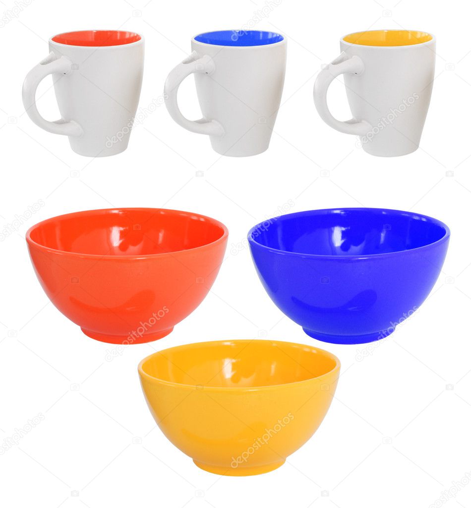 Three multicolored mugs and bowls
