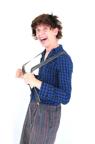 Gek goofy man met grappige haar en kleding — Stockfoto