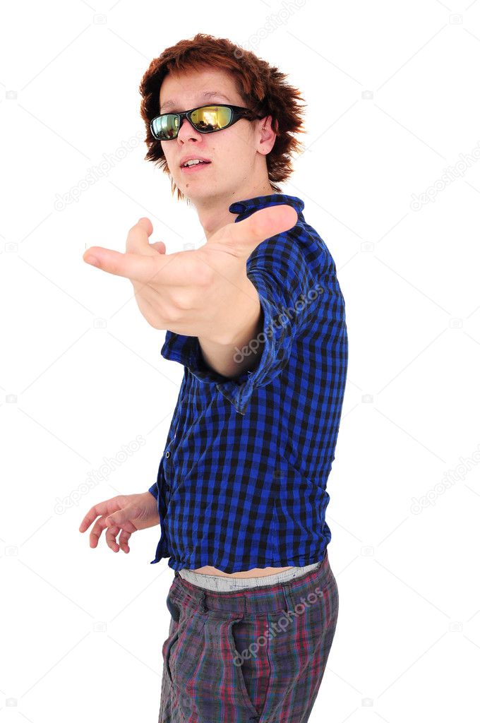 Young goofy man pointing ate camera