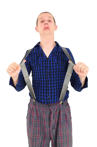 Pazzo sciocco ragazzo puling la sua bretelle — Foto Stock
