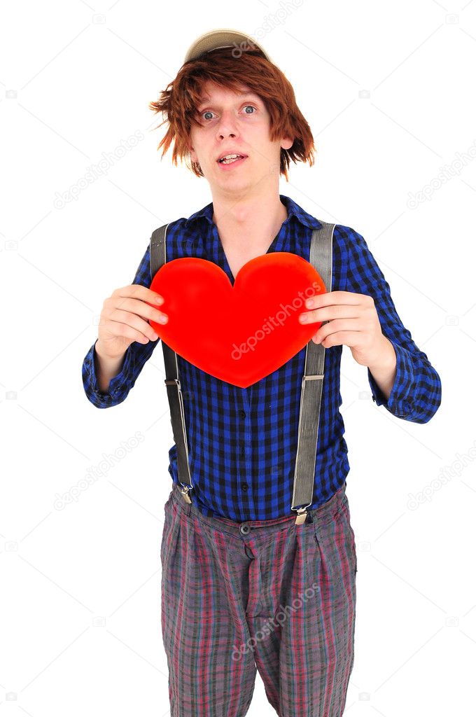 Goffy man holding heart