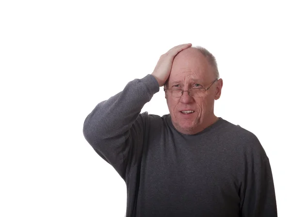Older Bald Man in Gray Shirt with Headache — Stock Photo, Image