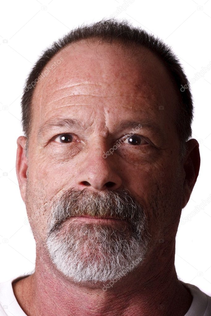Older Scruffy Man with Gray Beard and Mustache Straight On
