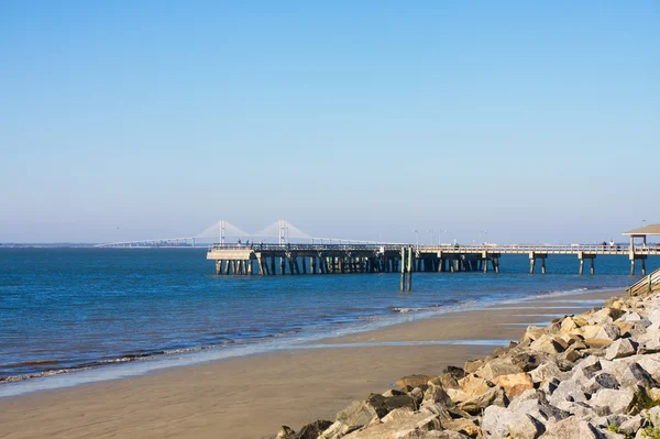 Bridge Beyond Pier Beyond Rock Seawall — Stock Photo, Image