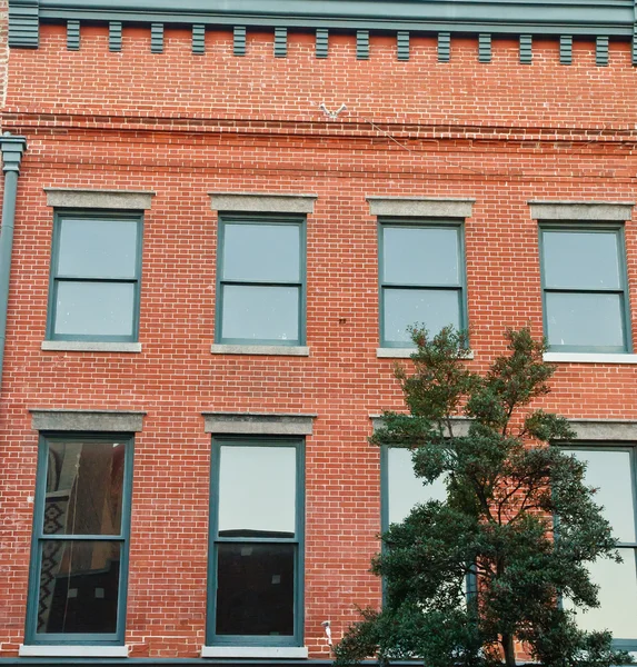 Зеленые окна в старом кирпичном здании — стоковое фото