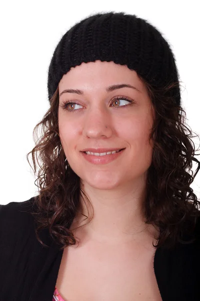 Beautiful Young Brunette with Knit Cap Looking Right — Stock Photo, Image