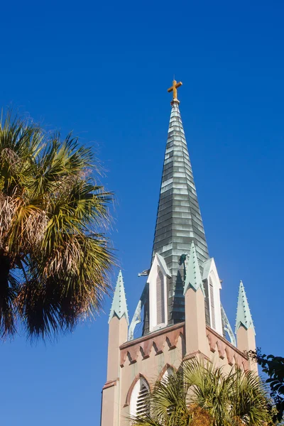Oude kerk toren in palmbomen — Stockfoto