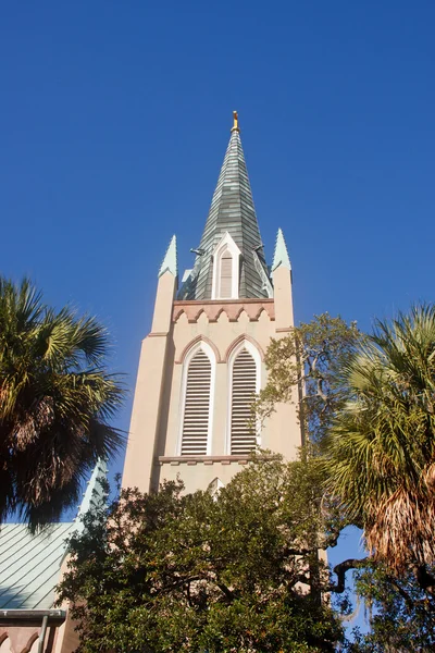 Kerk toren stijgt uit tropische palmbomen — Stockfoto