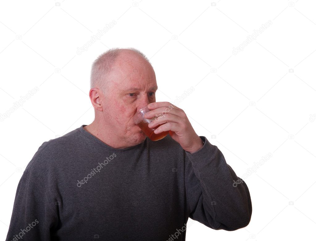 Older Balding Man Drinking from Plastic Cup