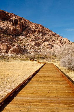 Board Walking Trail Through Desert Toward Mountains