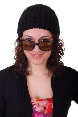 Beautiful Brunette in Sunglasses and Knit Cap