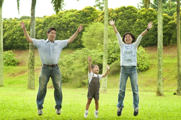 Familia alegre saltando juntos — Foto de Stock